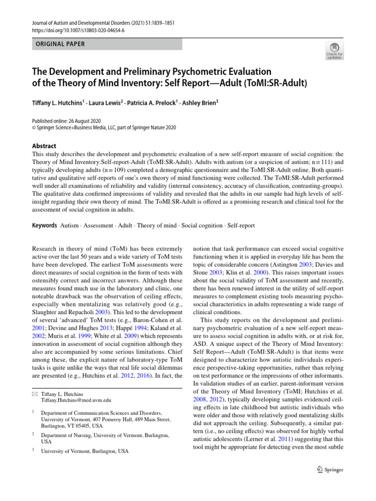 Theory of Mind Inventory for Adults | PDF | Autism Spectrum | Validity ...