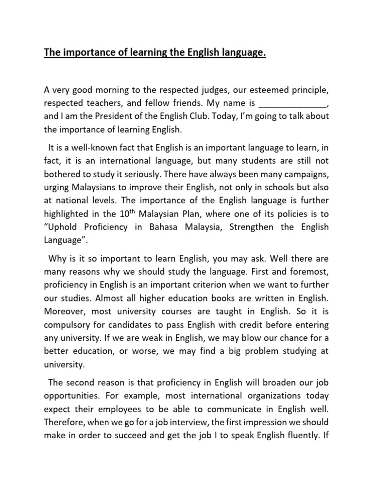 LVL 1 The Importance of Learning The English Language | PDF | English ...