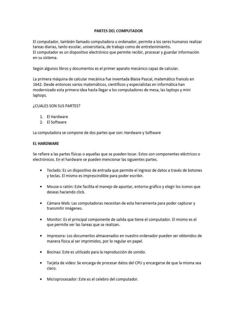 Partes del Computador y sus Funciones | PDF | Hardware de la ...