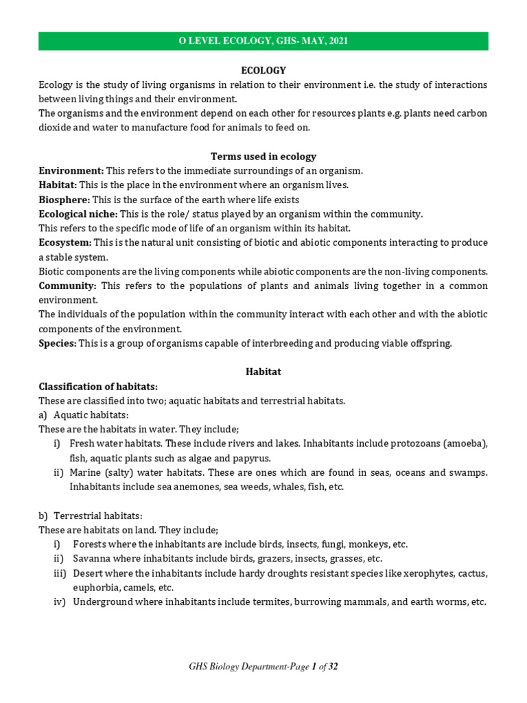 O Level Ecology 2021 Notes Gayaza High School Download Free PDF