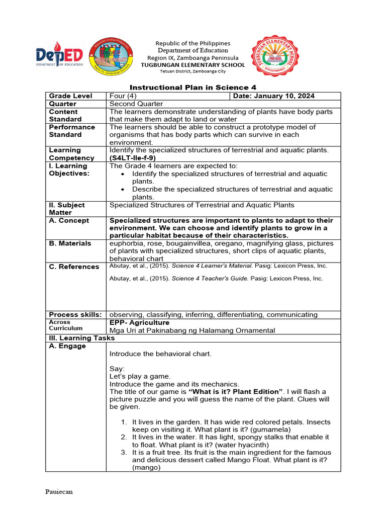 Grade 4 Science: Plant Structures Lesson | PDF | Learning | Plants