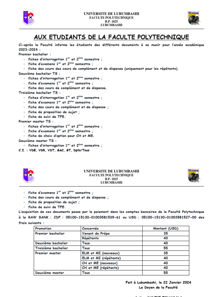 Documents requis pour l'année académique 2023-2024 | PDF