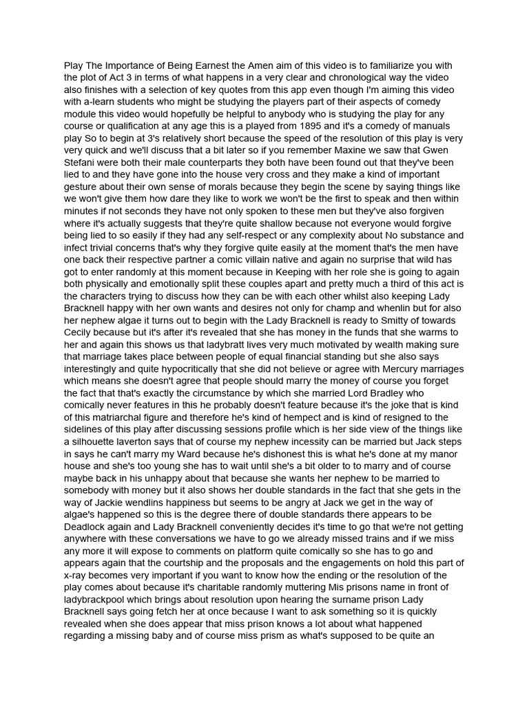 Act 3 Summary of The Importance of Being Earnest | PDF | The Importance ...