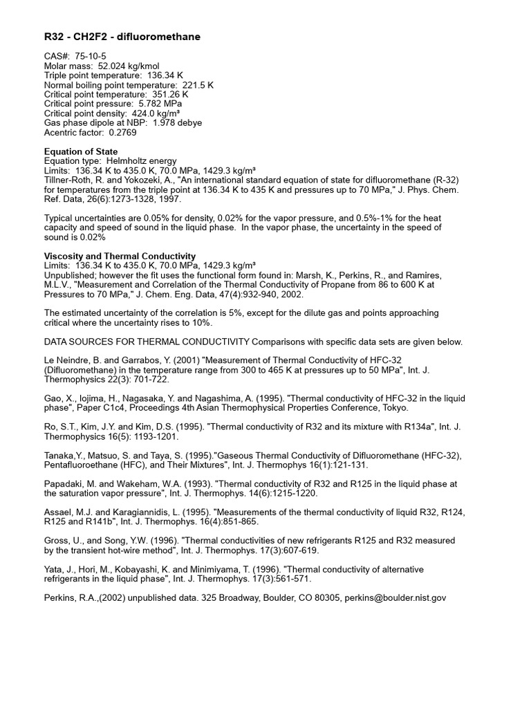 R32 Refrigerant Properties Overview | PDF | Pressure | Density