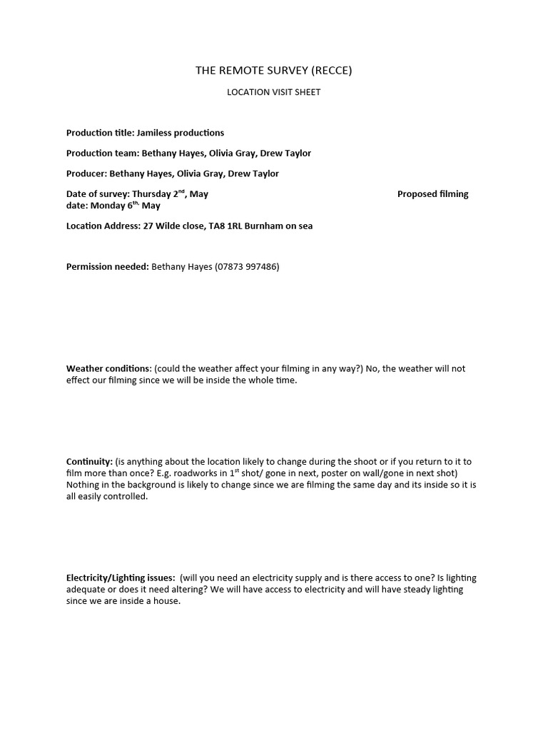 Recce Location Template Beth | PDF