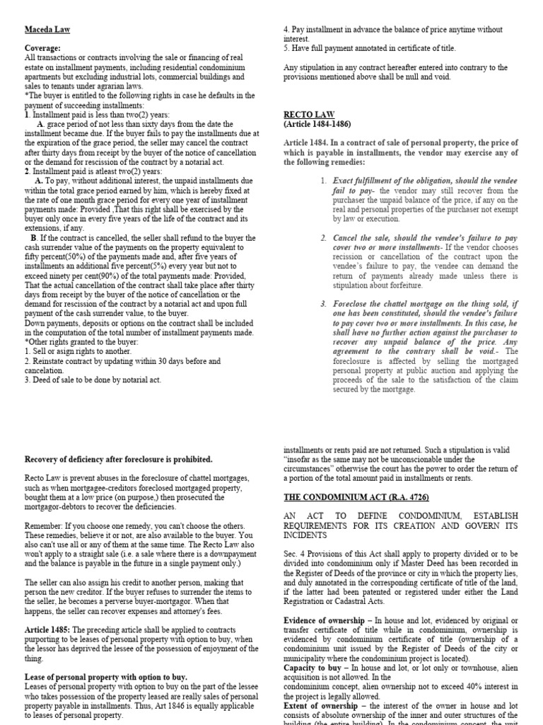 Group 1 - Comprehensive Notes On Maceda Law Recto Law Condominium Act ...