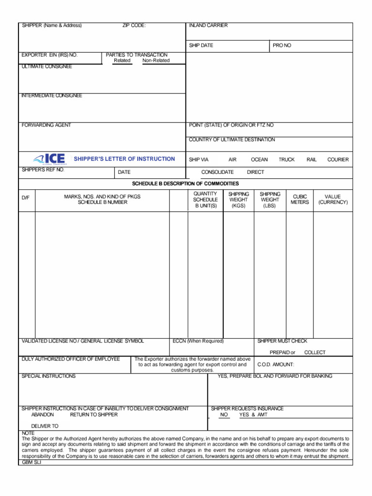ICE Shippers Letter of Instruction - v2 | PDF | Freight Transport ...