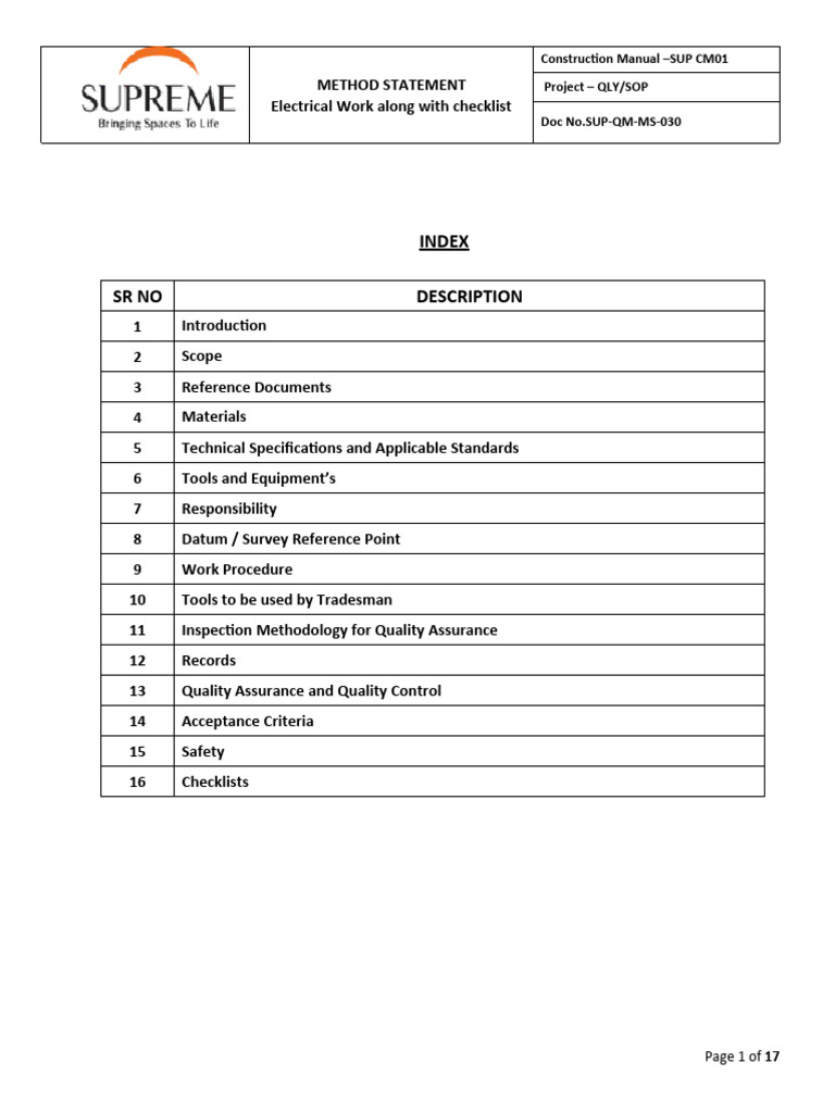 Electrical Work Method Statement | PDF | Electrical Wiring | Electrical ...