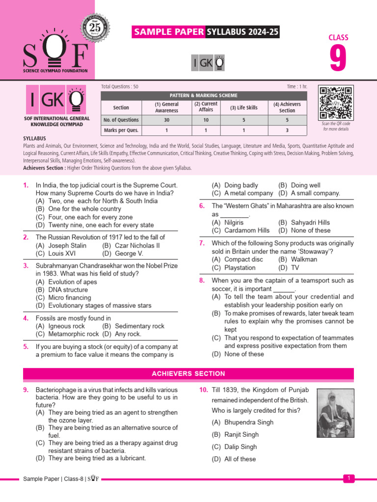 IGKO Class 9 Sample Paper 2024-25 | PDF | Cognition | Psychology