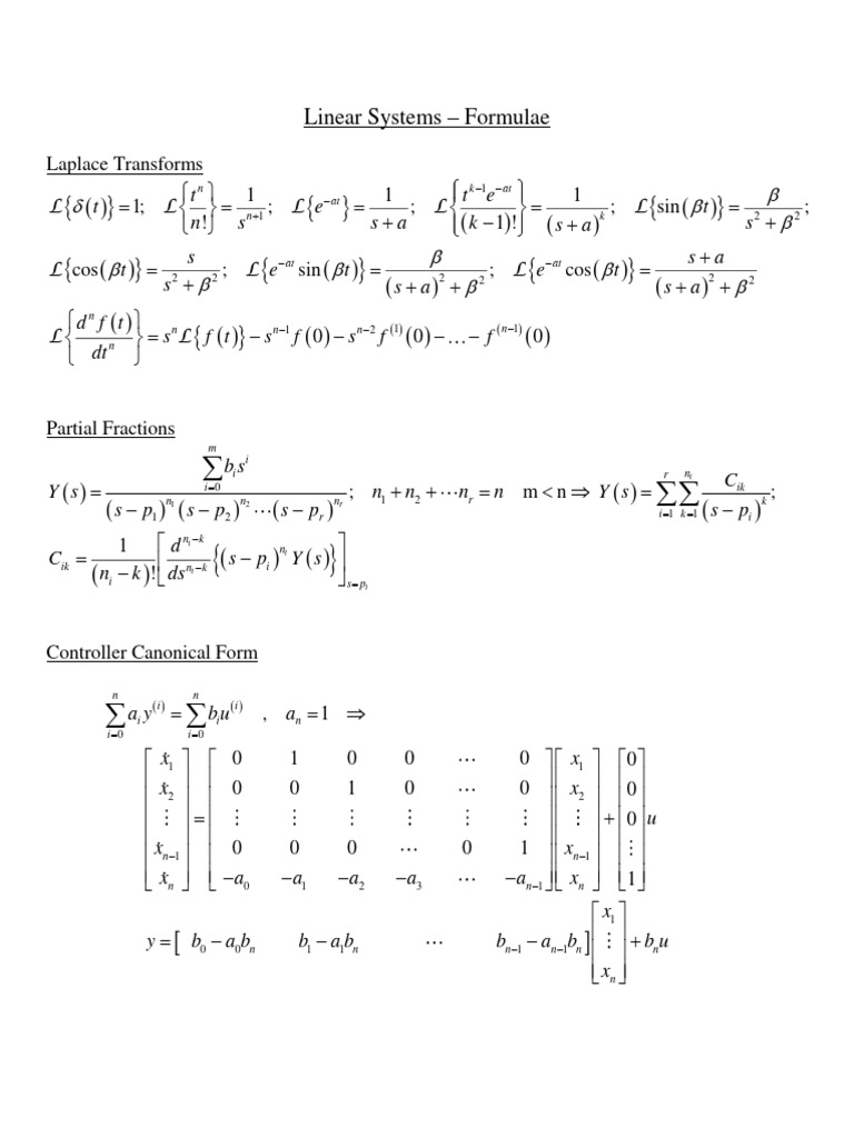 Linear Systems Formulae Overview | PDF | Mathematical Analysis ...