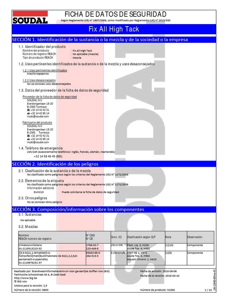 Ficha de Seguridad Fix All High Tack | PDF | Química