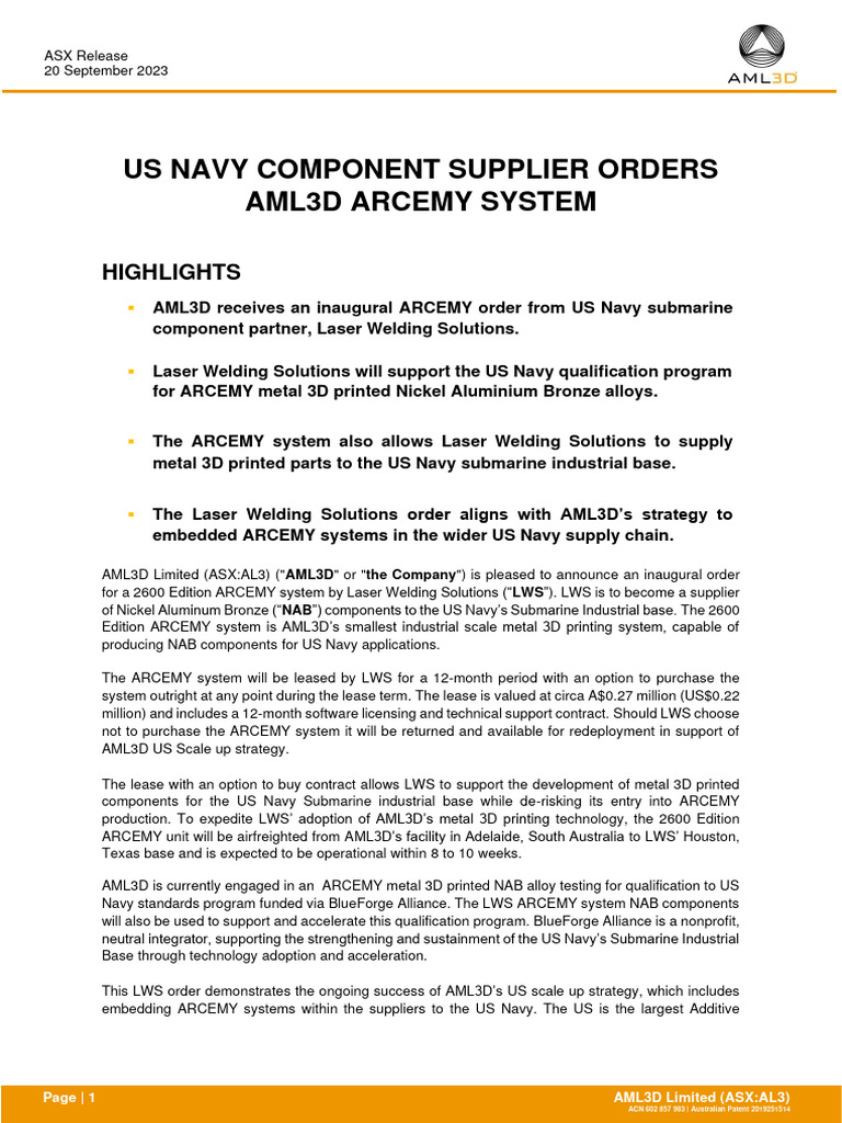 2023 09 20 AL3 AL3 US Navy Component Supplier Orders AML3D ARCEMY ...