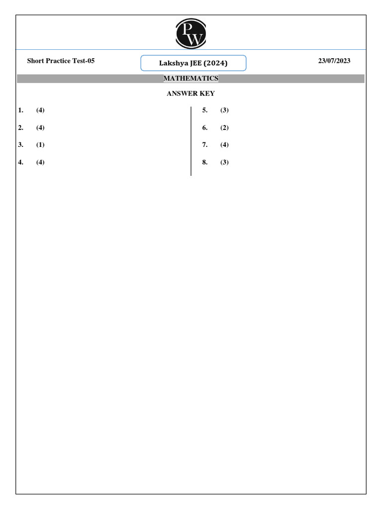 JEE Mathematics Practice Test Answer Key | PDF | Equations ...