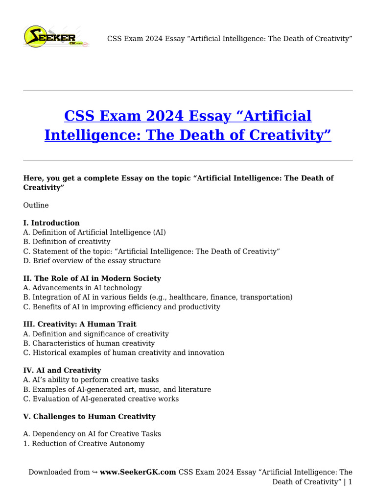 CSS Exam 2024 Essay “ Artificial Intelligence - The Death of Creativity ...