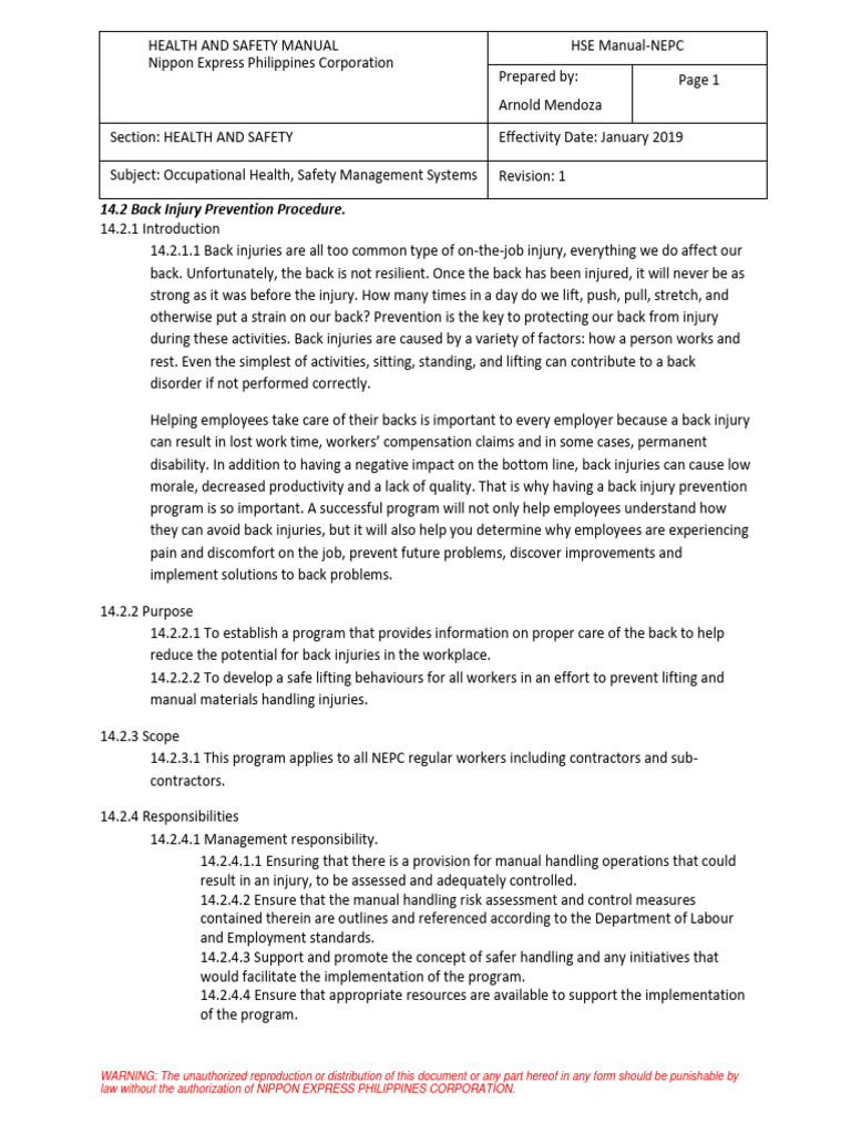 ERGONONICS Health and Safety Manual Back Injury Prevention | PDF ...