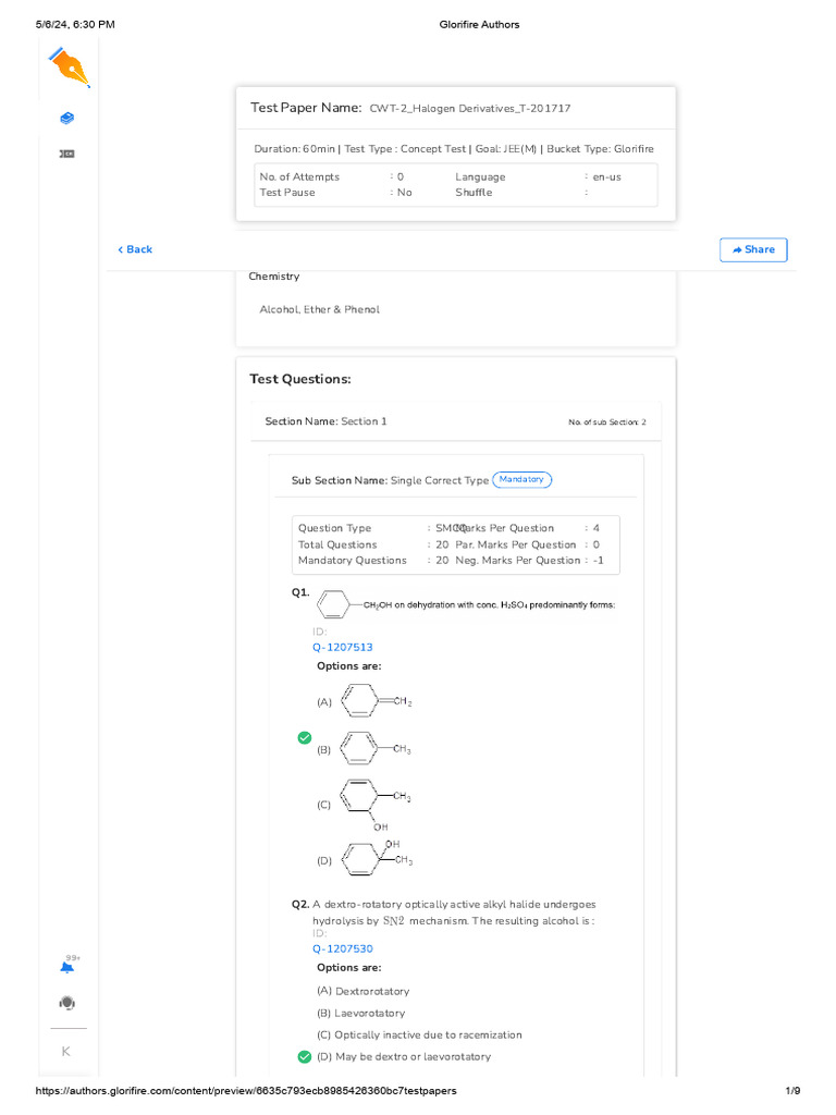 JEE Chemistry Test: Alcohols & Halides | PDF | Organic Chemistry ...