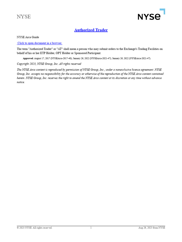 NYSE Arca Authorized Trader Guide | PDF