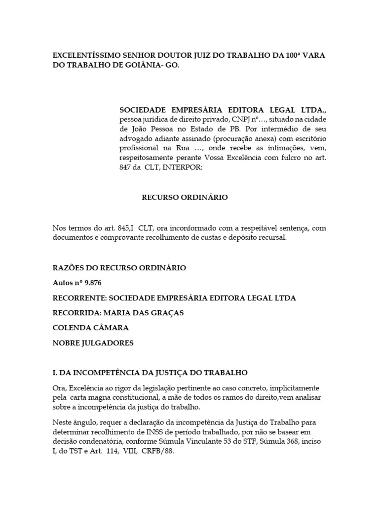 Recurso Ordinário Trabalhista: Editora Legal | PDF | Sentença (jurídico ...