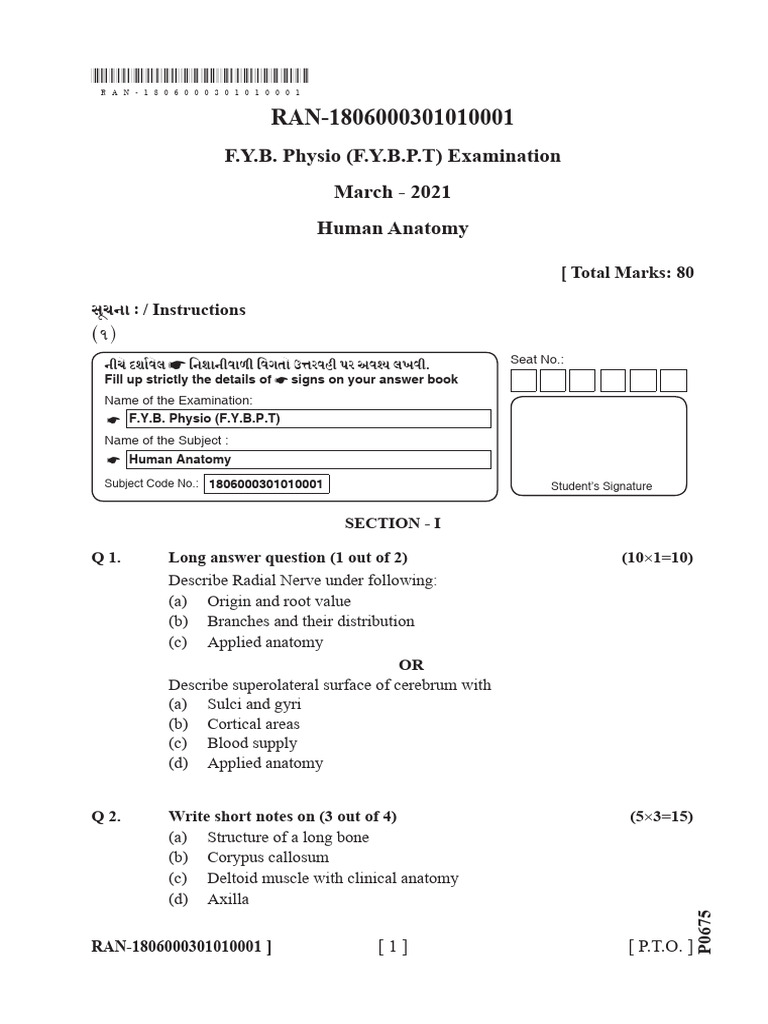 F. Y. B. P. T. Examination March - 2021 Human Anatomy | PDF | Human ...