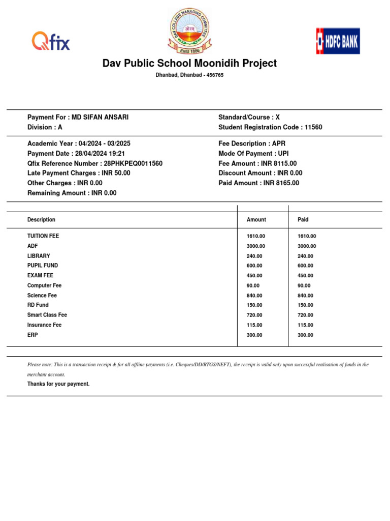 Qfix Payment Receipt for Dav School | PDF | Payments | Fee