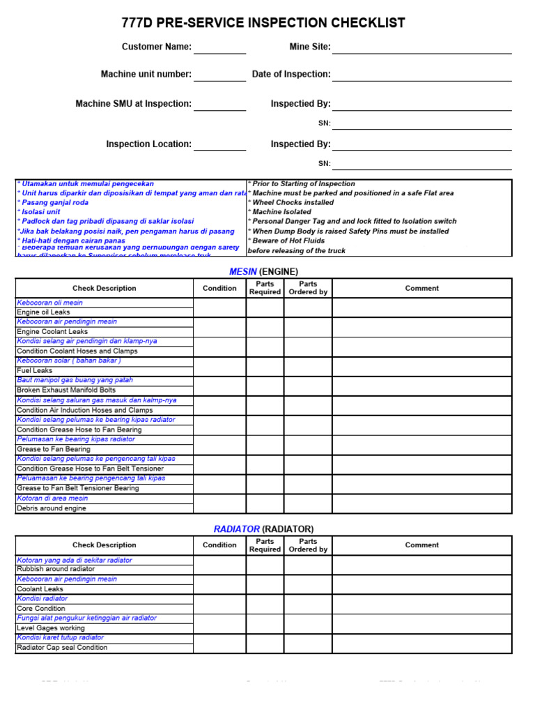 777D Pre-Service Inspection Checklist | PDF