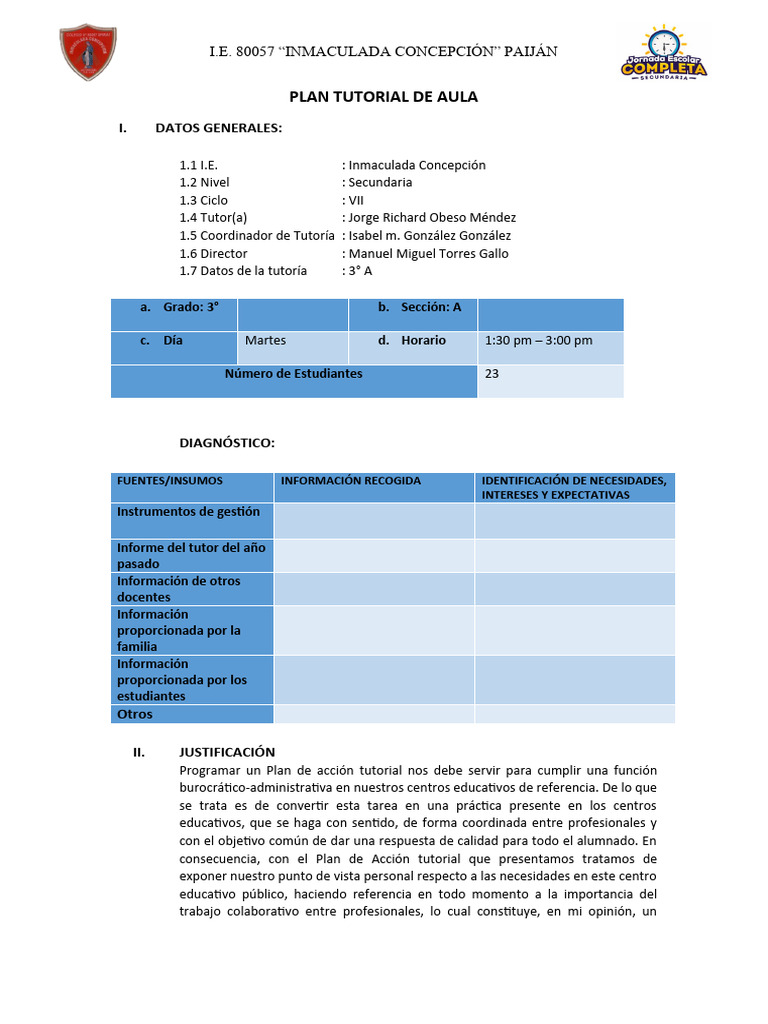Plan Tutorial 3°a | PDF | Salón de clases