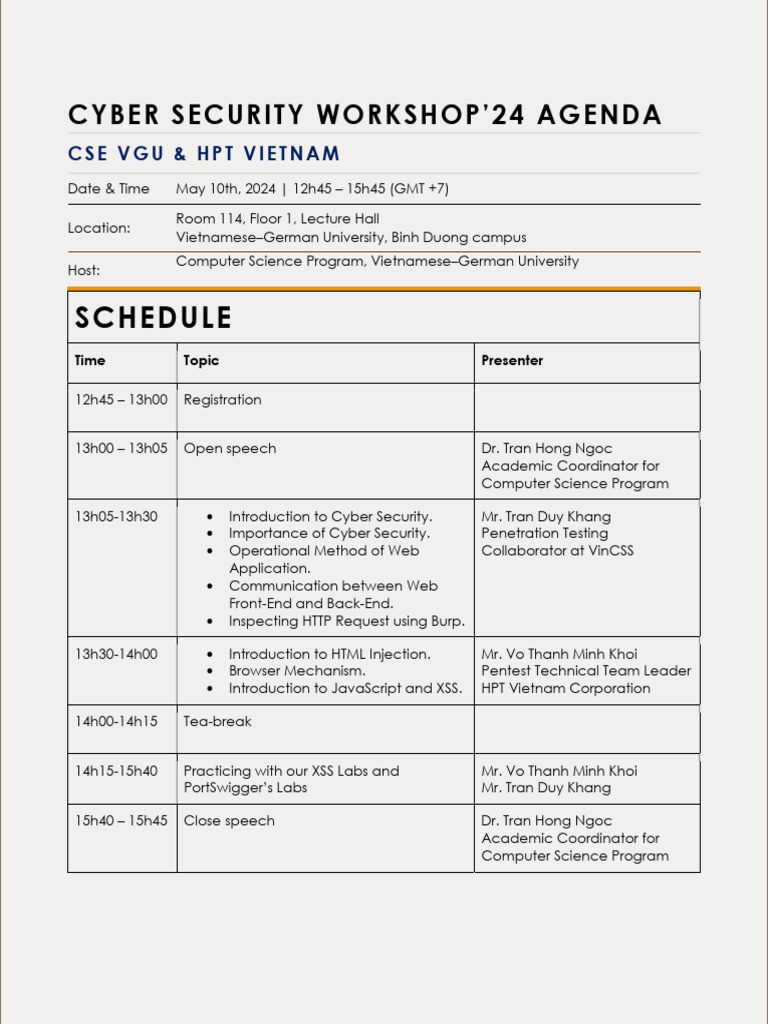Cyber Security Workshop Agenda 2024 | PDF