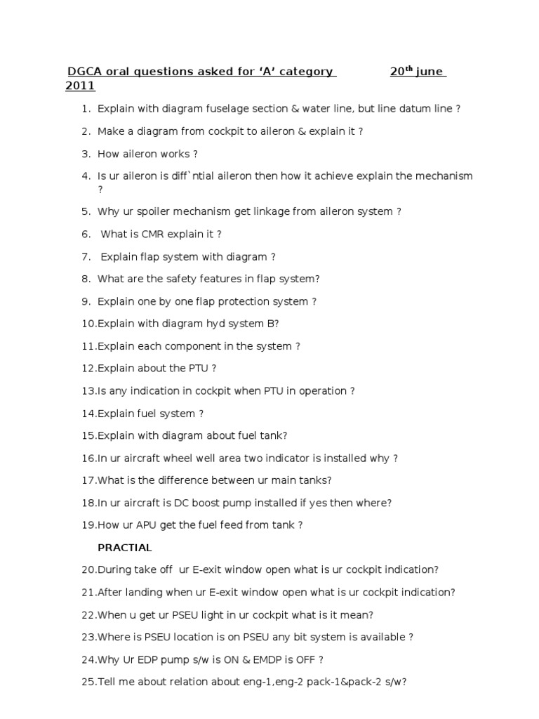 DGCA Oral Questions for 'A' Category Exam | PDF