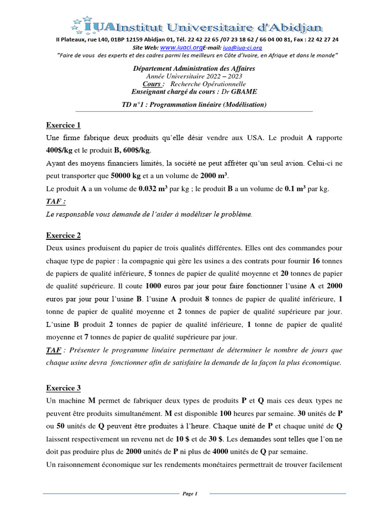 Modélisation de problèmes en programmation linéaire | PDF | Usine