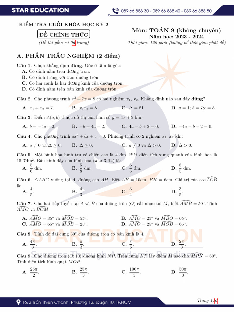 23-24 Thi CK HK2 - 9 Toan KC - Dap An | PDF