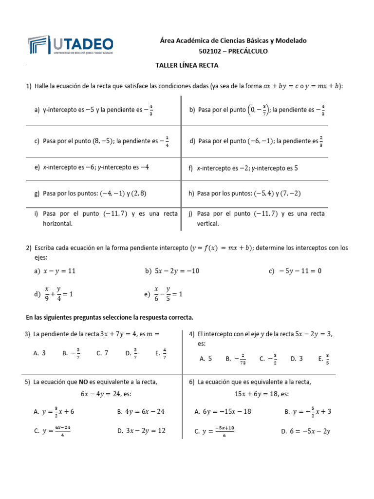 9 Taller Línea Recta | PDF | Pendiente | Línea (geometría)