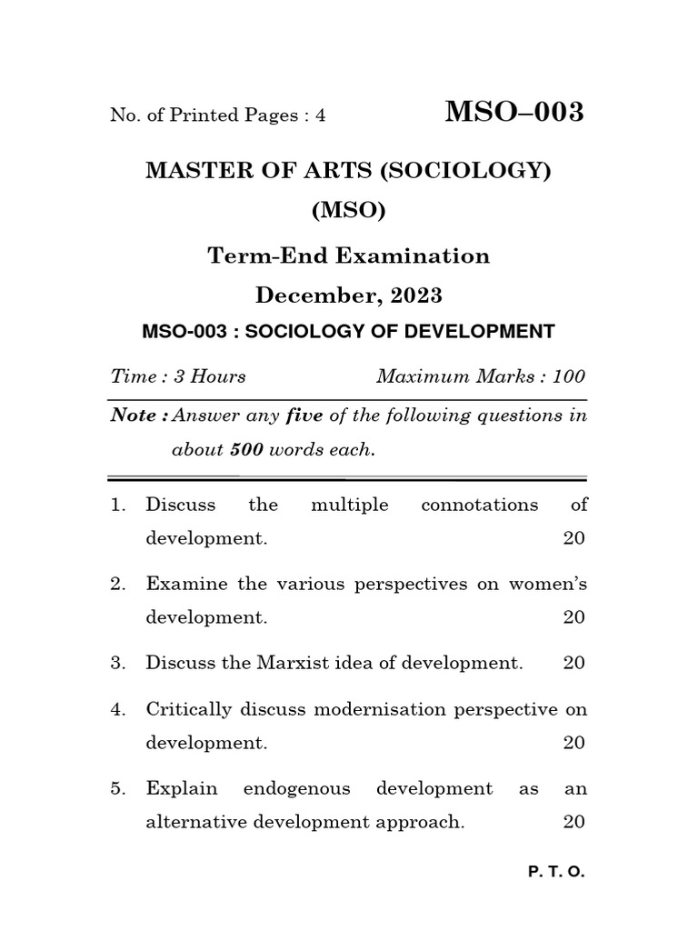 MSO-003 Sociology of Development Exam | PDF