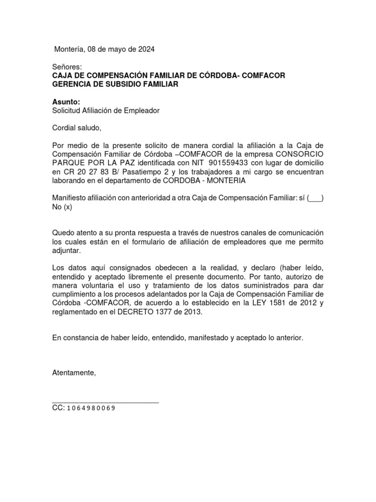 Carta solicitud de afiliacion consorcio pdf