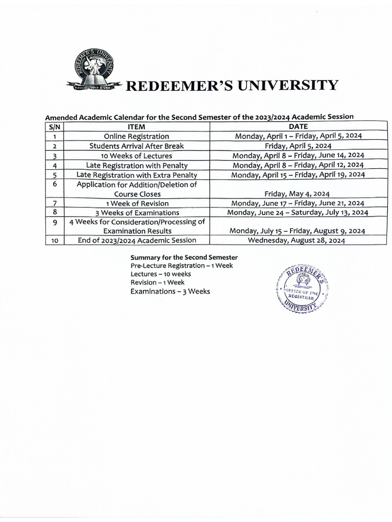 Academic Calendar For The Second Semester of The 2023-2024 Academic ...