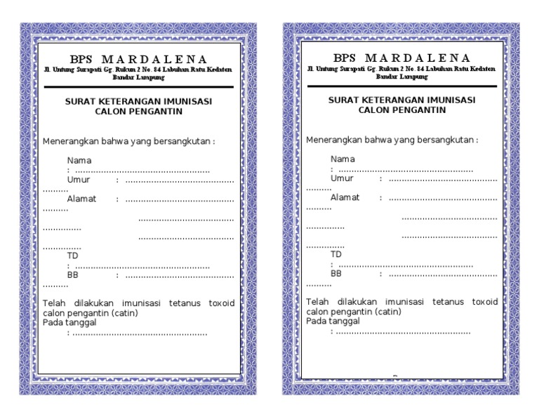 Keterangan Imunisasi Caten Kosong