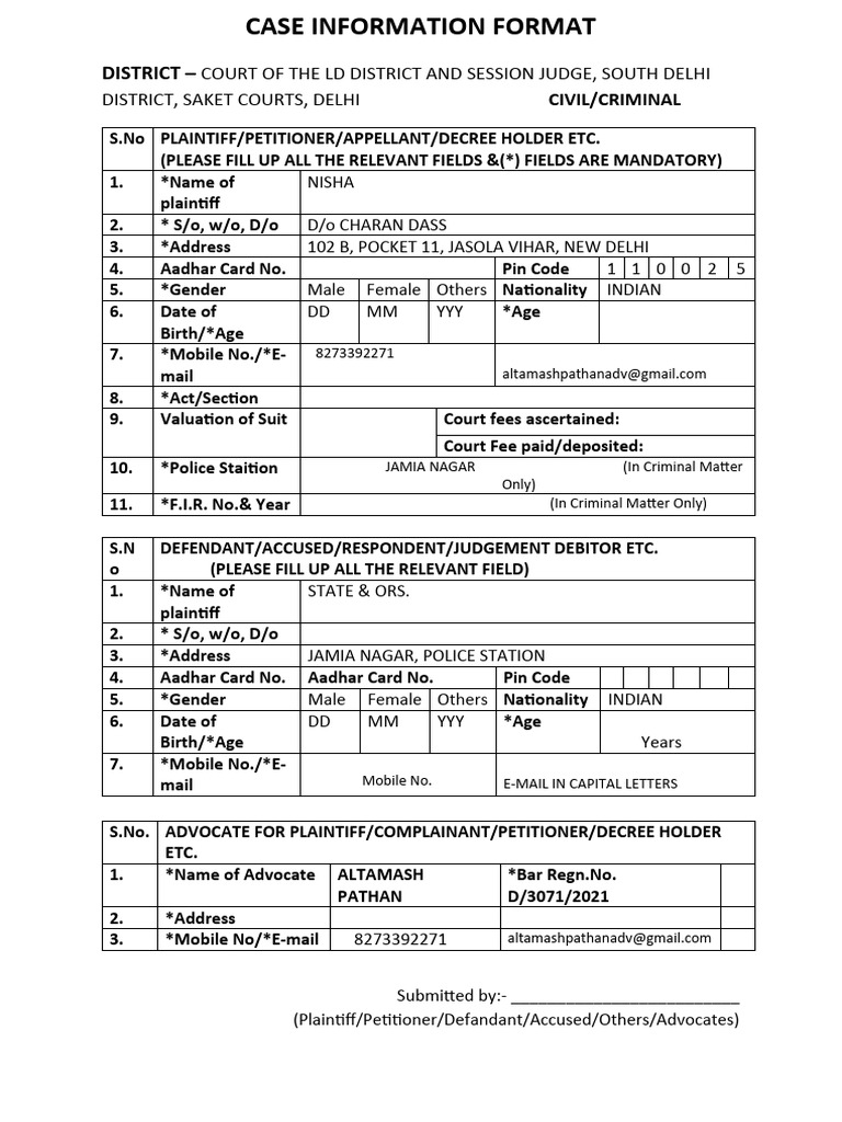 Case information format pdf