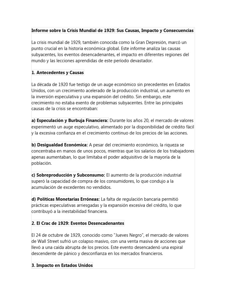 Causas y Consecuencias de 1929 | PDF | Gran depresion | Accidente de ...