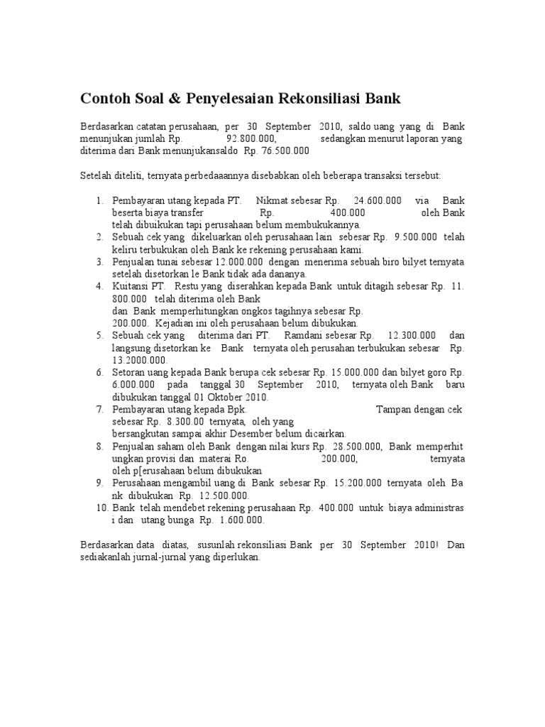Latihan Soal Rekonsiliasi Bank
