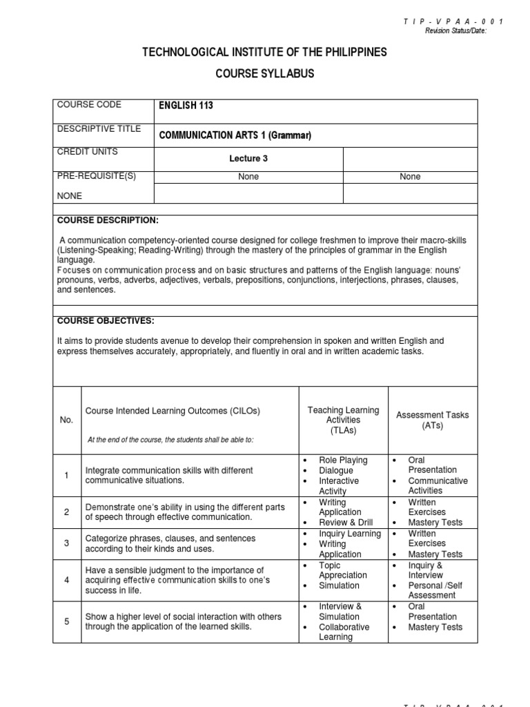 English 113 Course Syllabus | PDF | English Language | Verb