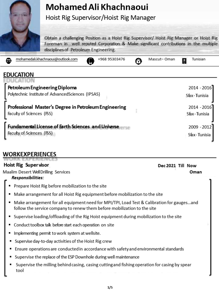 CV - Mohamed Ali - Hoist Rig Supervisor | PDF | Oil Well | Casing ...