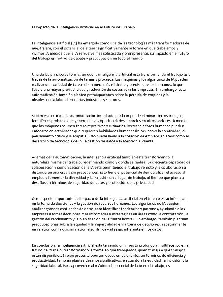 El Impacto de La Inteligencia Artificial en El Futuro Del Trabajo | PDF ...