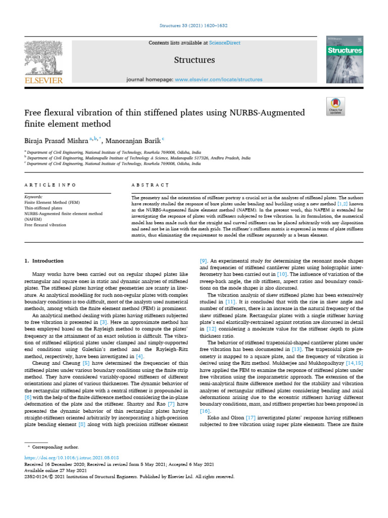 2021 Free Flexural Vibration of Thin Stiffened Plates Using NURBS ...