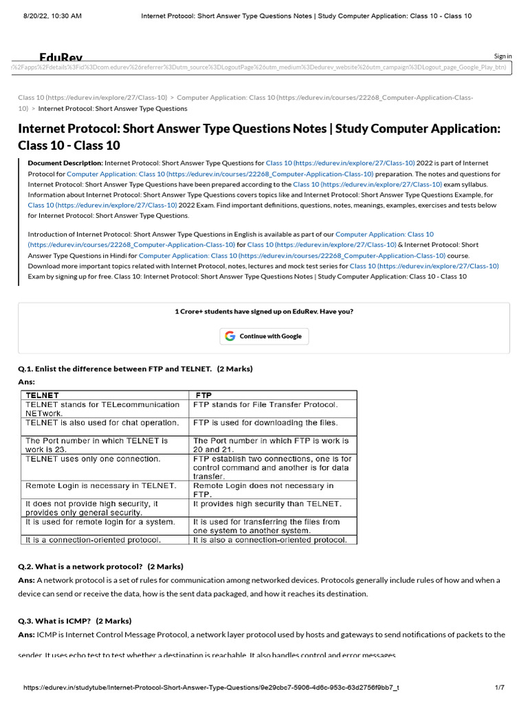 Internet Protocol - Short Answer Type Questions Notes - Study Computer ...