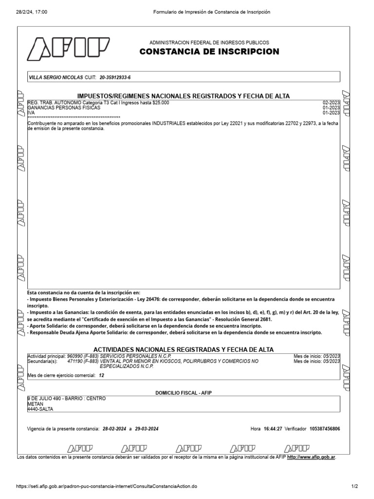 Constancia de Inscripción AFIP 2024 | PDF | Impuestos | Finanzas del ...