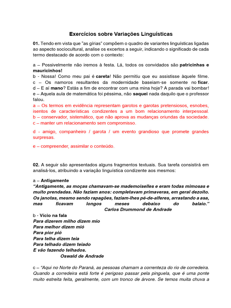 Exercícios sobre Variação Linguística | PDF | Linguística