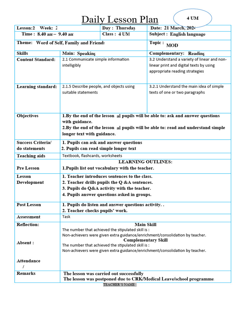 RPH 2week Yr 4 March 21 | PDF | Teachers | Lesson Plan