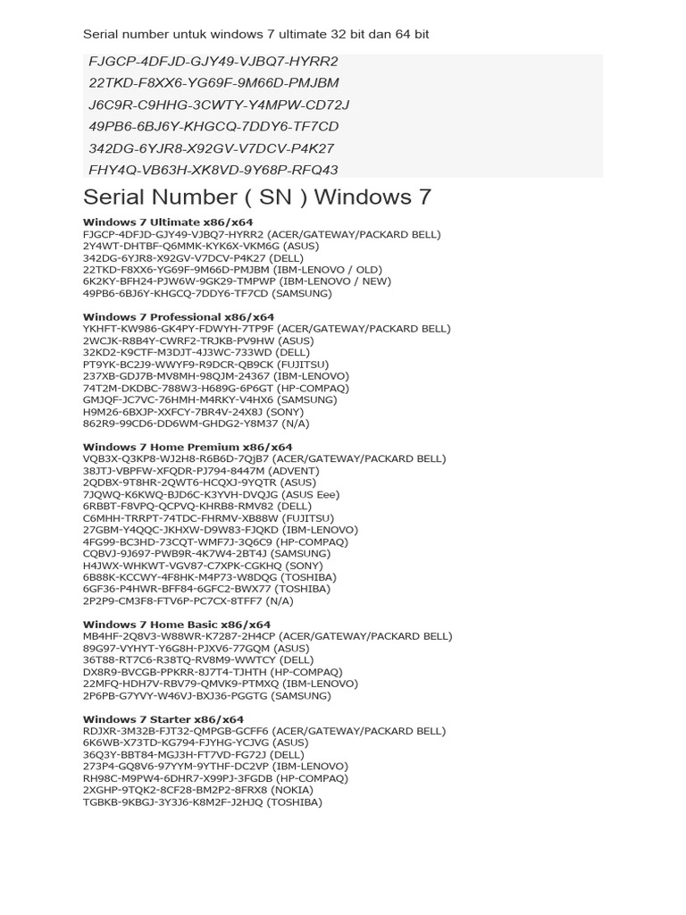 Windows 7 Ultimate Serial Numbers | PDF