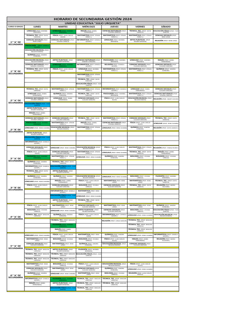 Horario Secundaria 2024 - Julio Urquieta | PDF | Matemáticas ...