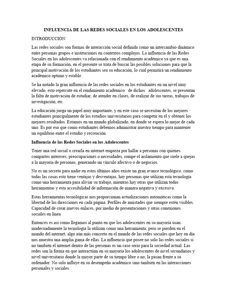 Influencia de Las Redes Sociales en Los Adolescentes | PDF | Servicio ...