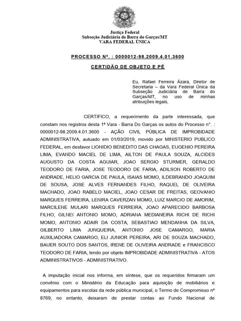 Certidão de Objeto e Pé - Improbidade Administrativa | PDF